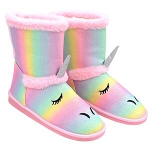 Kids Unicorn Rainbow Glitter Boots Cozy Faux Fur Lined Pink Sole Size US 5